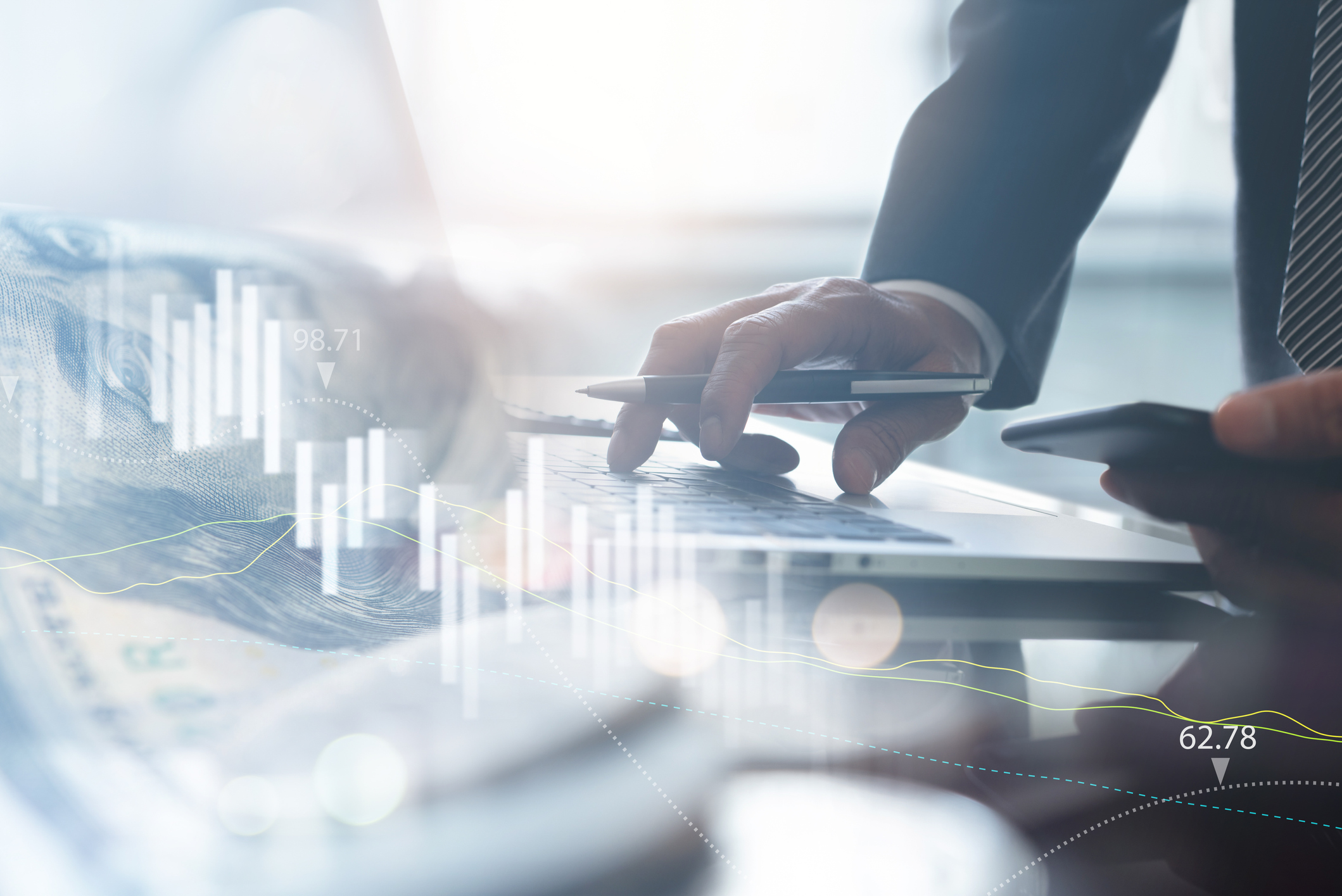 Financial investment, business analysis concept. Double exposure of businessman and stock market or forex graph.