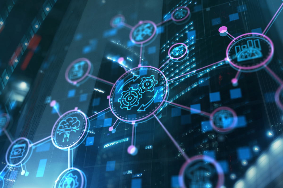 RPA. Robotic Process Automation on modern city abstract background