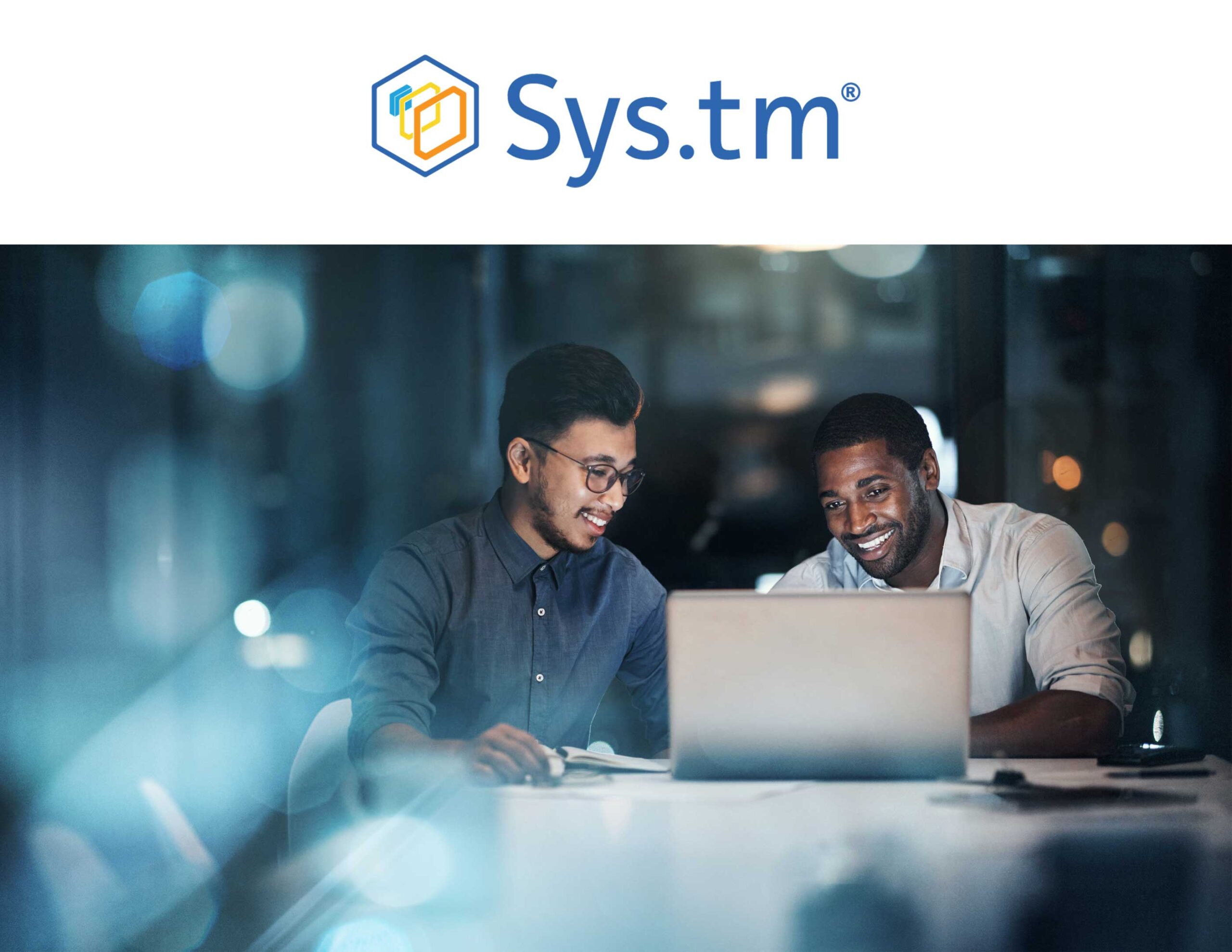 sys.tm men in front of a laptop