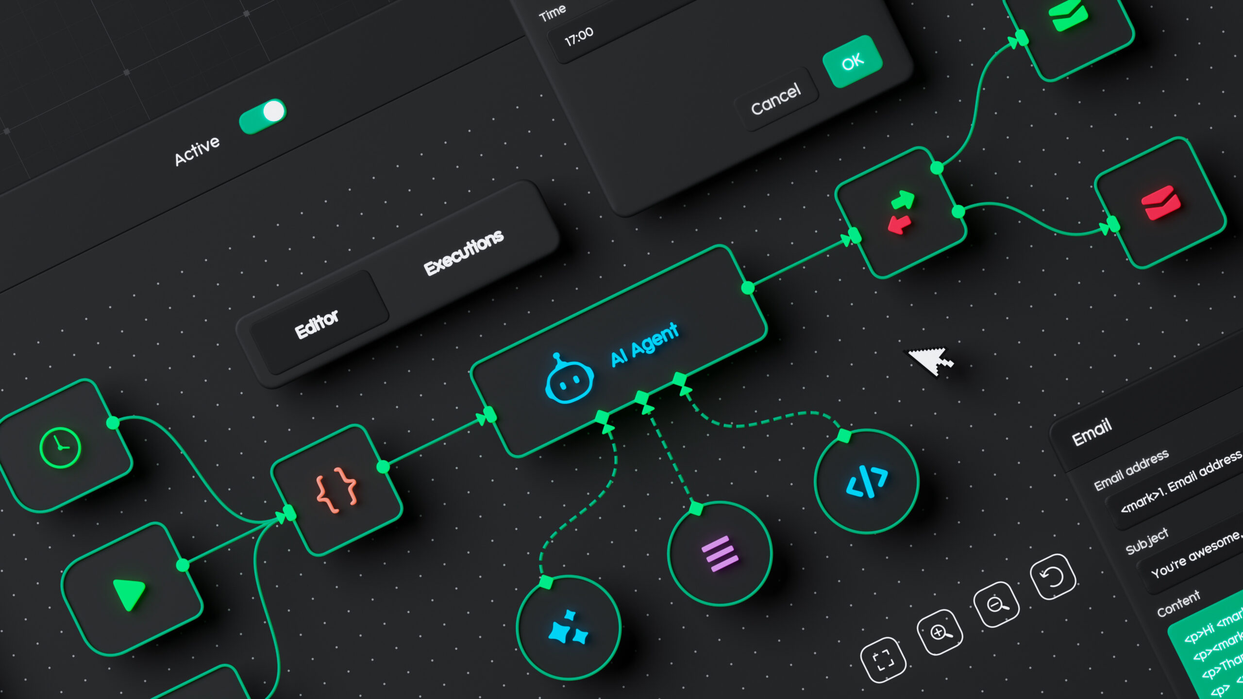 AI business process automation, AI workflow automation artificial intelligence software interface nodes triggers data tool dashboard coding icon flow process technology 3d rendering.